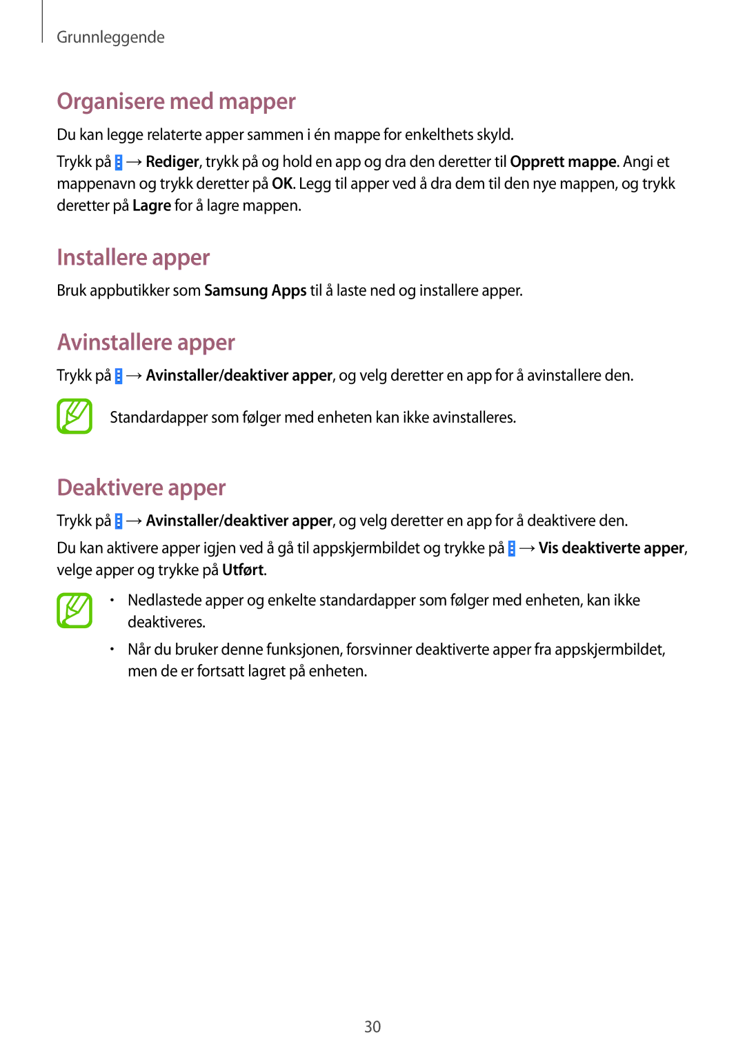 Samsung SM-T230NZWANEE, SM-T230NYKANEE manual Organisere med mapper, Installere apper, Avinstallere apper, Deaktivere apper 