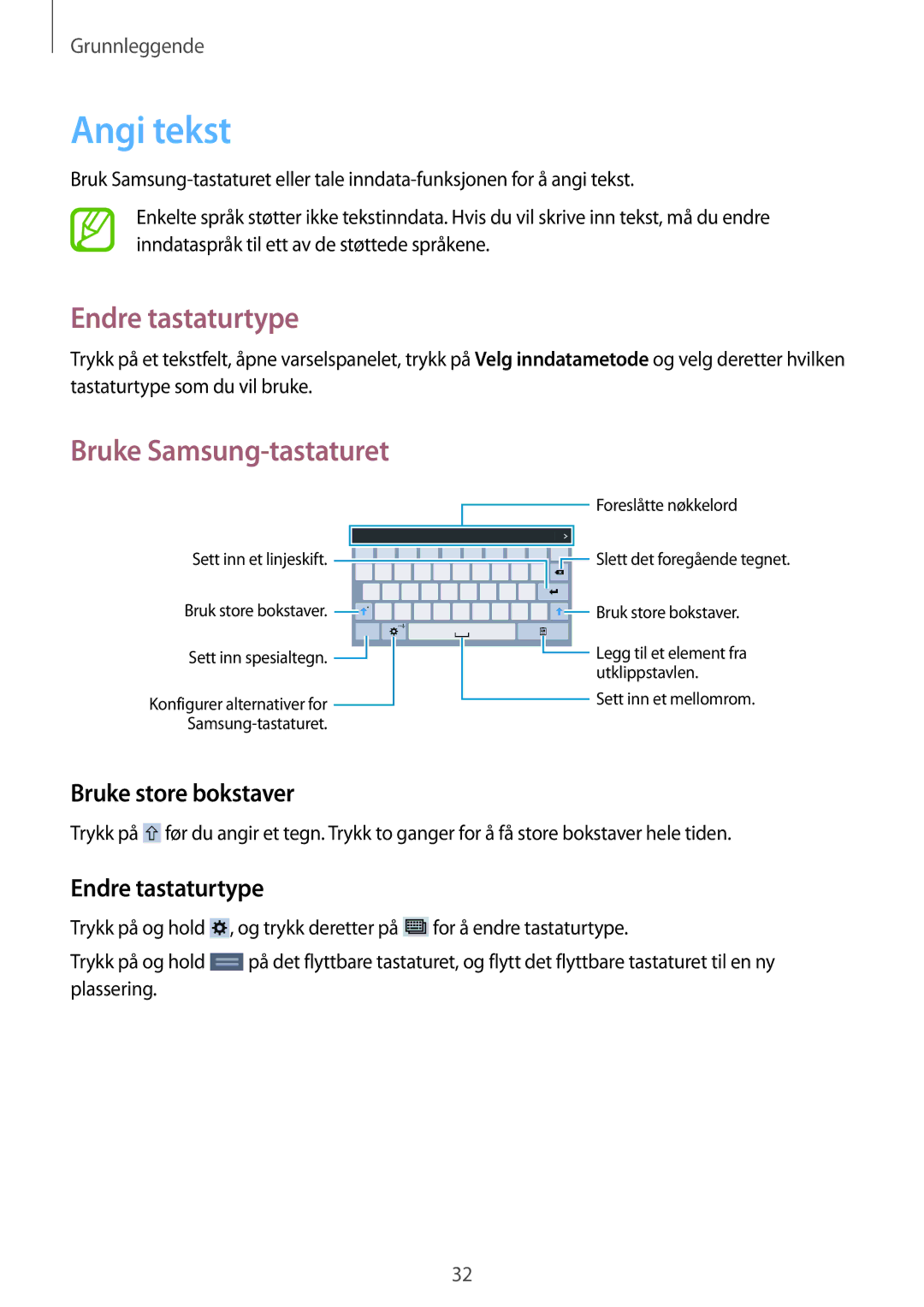 Samsung SM-T230NZWANEE, SM-T230NYKANEE Angi tekst, Endre tastaturtype, Bruke Samsung-tastaturet, Bruke store bokstaver 