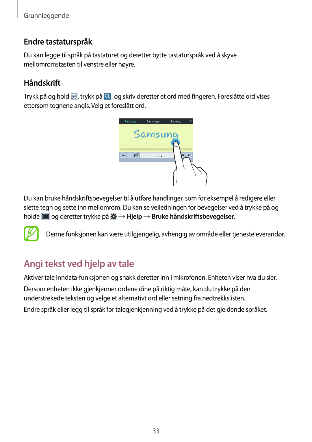 Samsung SM-T230NYKANEE, SM-T230NZWANEE manual Angi tekst ved hjelp av tale, Endre tastaturspråk, Håndskrift 