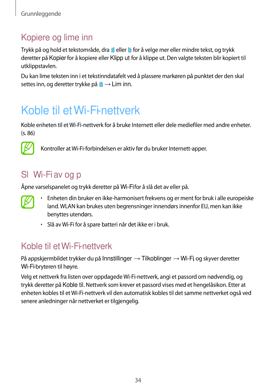 Samsung SM-T230NZWANEE, SM-T230NYKANEE manual Koble til et Wi-Fi-nettverk, Kopiere og lime inn, Slå Wi-Fi av og på 
