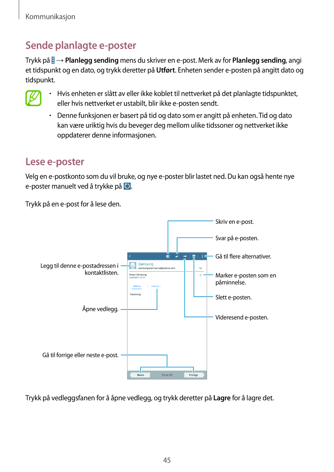 Samsung SM-T230NYKANEE, SM-T230NZWANEE manual Sende planlagte e-poster, Lese e-poster 