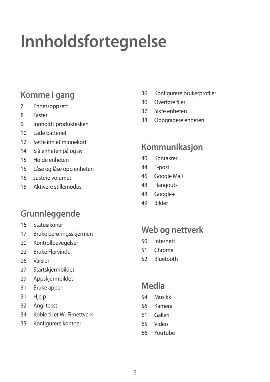 Samsung SM-T230NYKANEE, SM-T230NZWANEE manual Innholdsfortegnelse, Komme i gang 