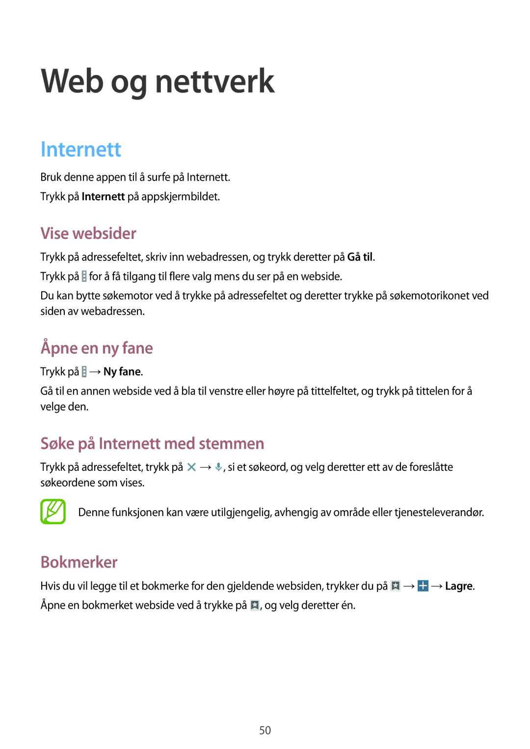 Samsung SM-T230NZWANEE, SM-T230NYKANEE manual Web og nettverk, Internett 