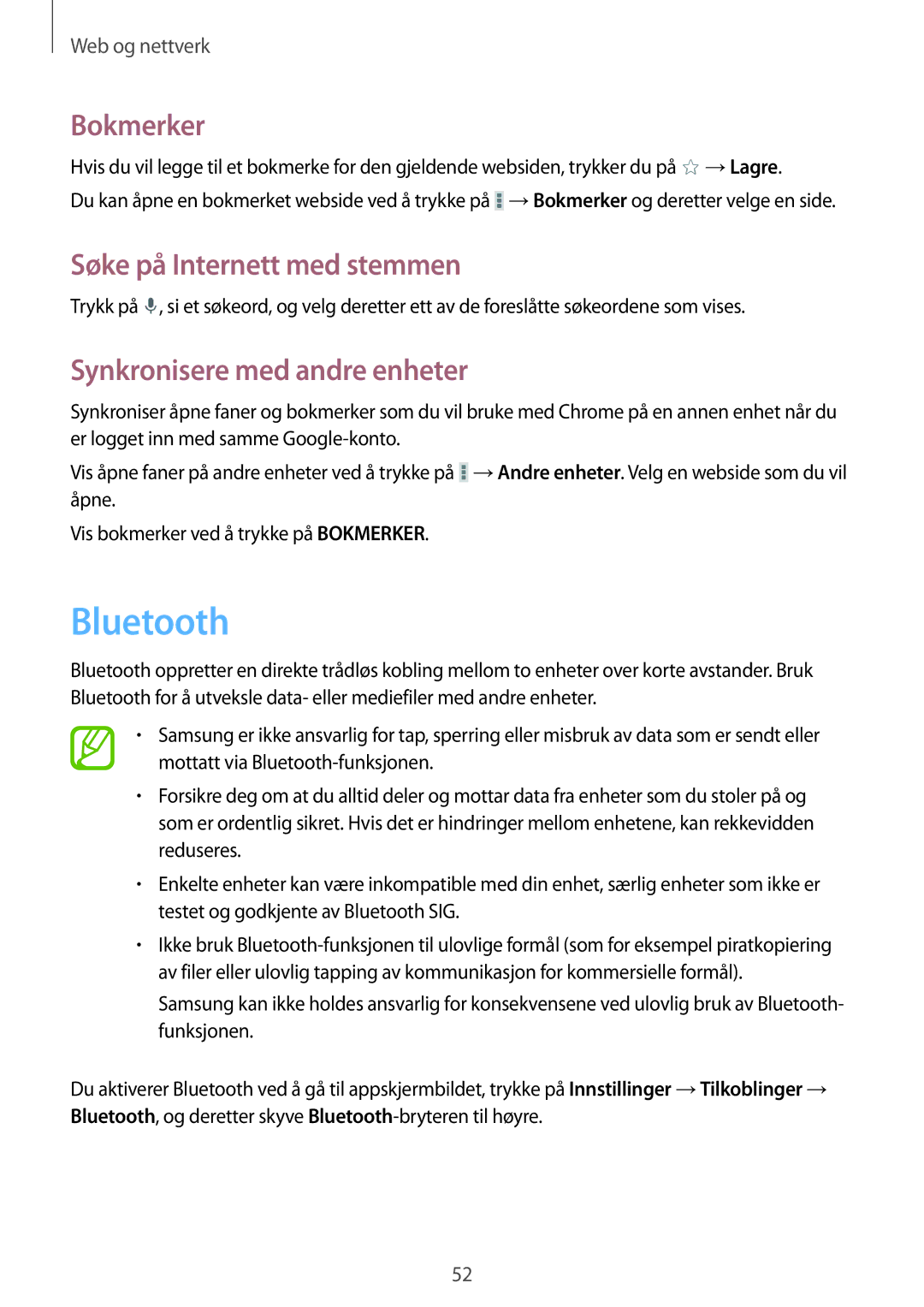 Samsung SM-T230NZWANEE, SM-T230NYKANEE manual Bluetooth, Synkronisere med andre enheter 