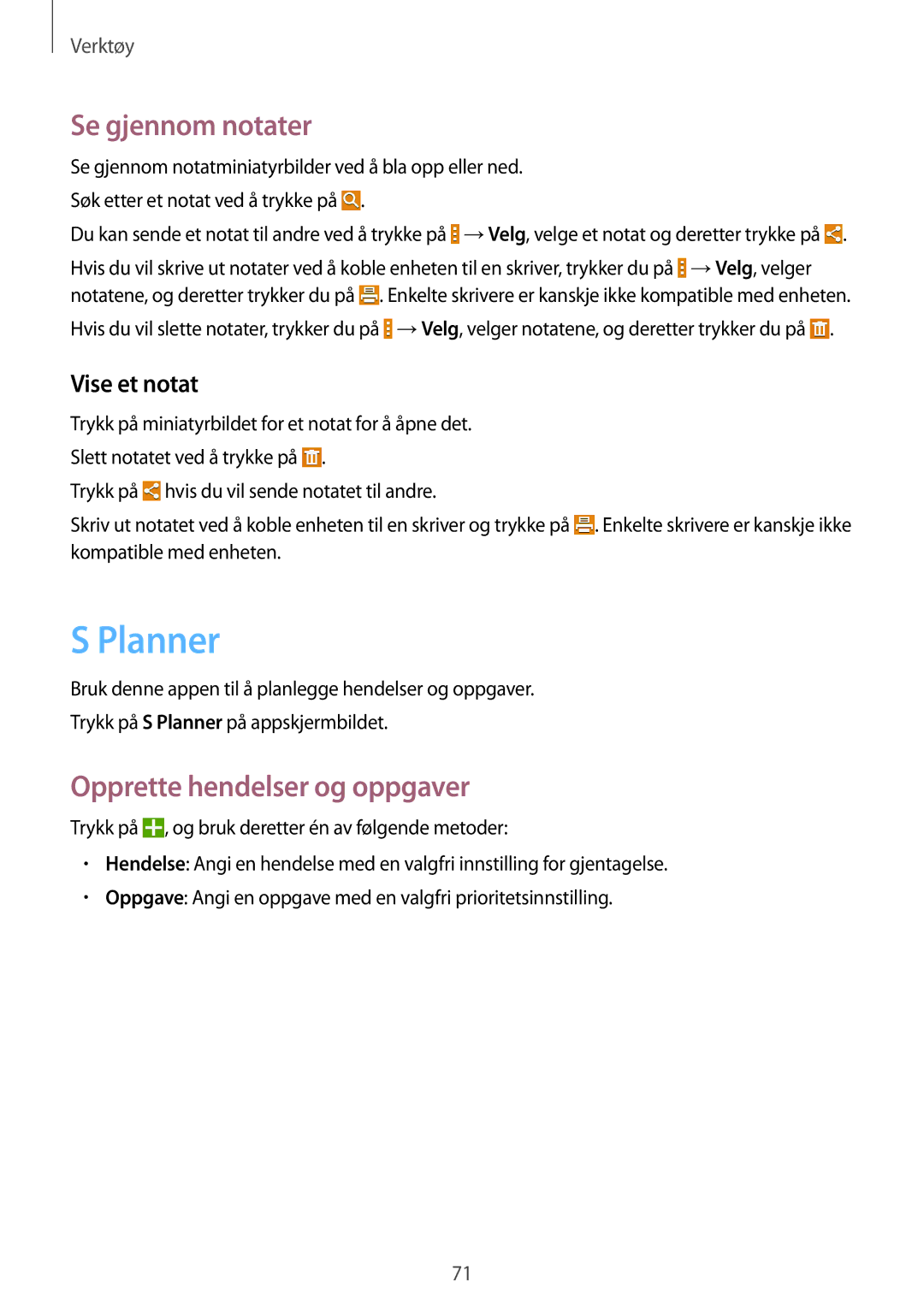 Samsung SM-T230NYKANEE, SM-T230NZWANEE manual Planner, Se gjennom notater, Opprette hendelser og oppgaver, Vise et notat 