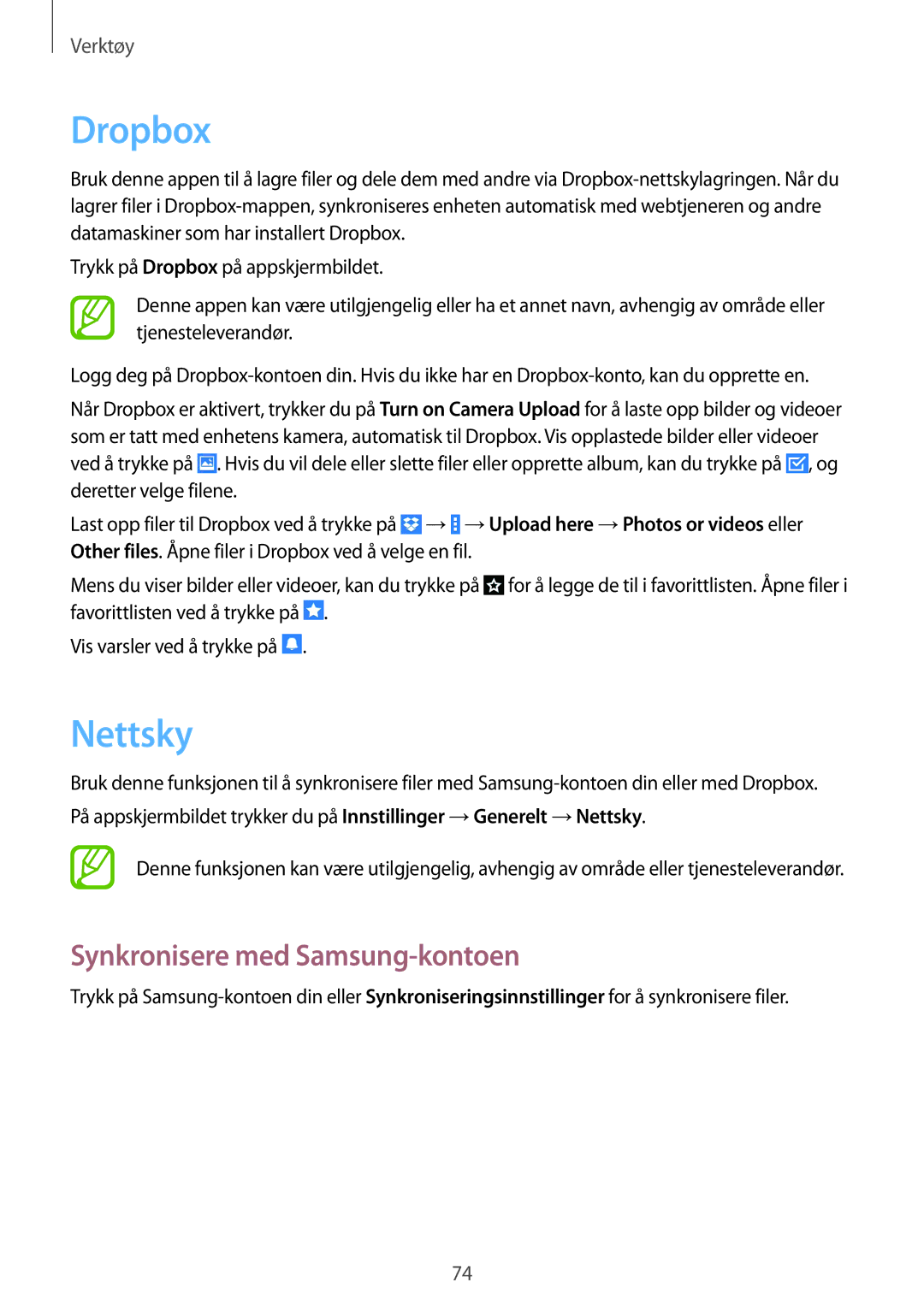 Samsung SM-T230NZWANEE, SM-T230NYKANEE manual Dropbox, Nettsky, Synkronisere med Samsung-kontoen 