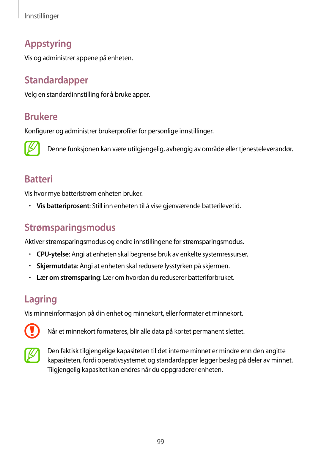 Samsung SM-T230NYKANEE, SM-T230NZWANEE manual Appstyring, Standardapper, Brukere, Batteri, Strømsparingsmodus, Lagring 