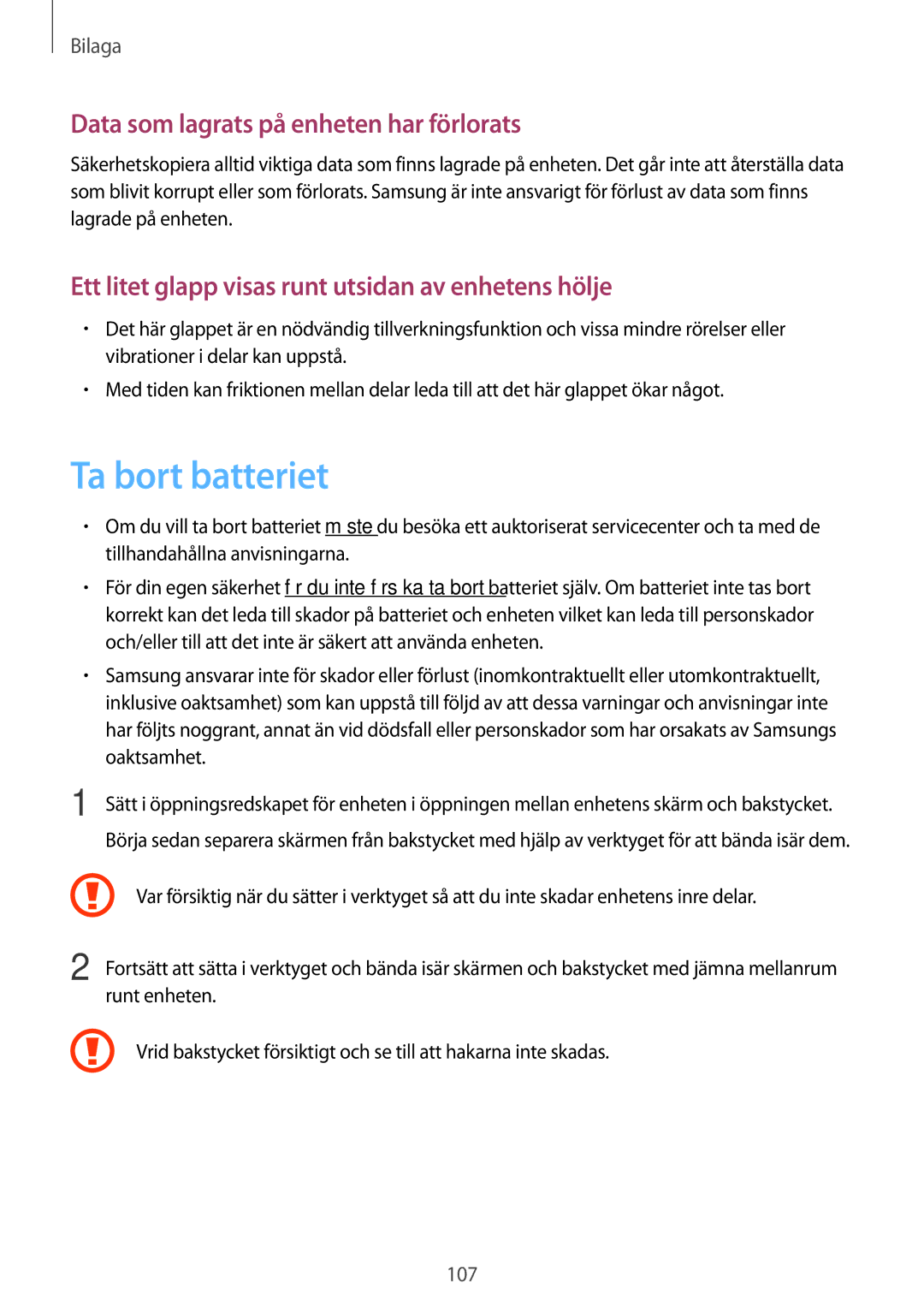 Samsung SM-T230NYKANEE, SM-T230NZWANEE manual Ta bort batteriet, Data som lagrats på enheten har förlorats 