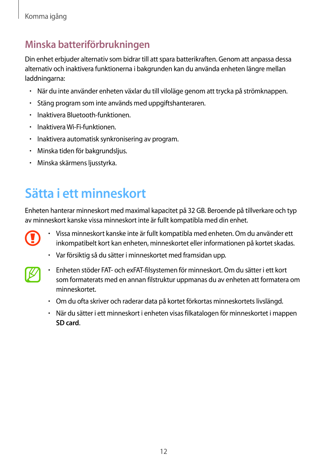 Samsung SM-T230NZWANEE, SM-T230NYKANEE manual Sätta i ett minneskort, Minska batteriförbrukningen 