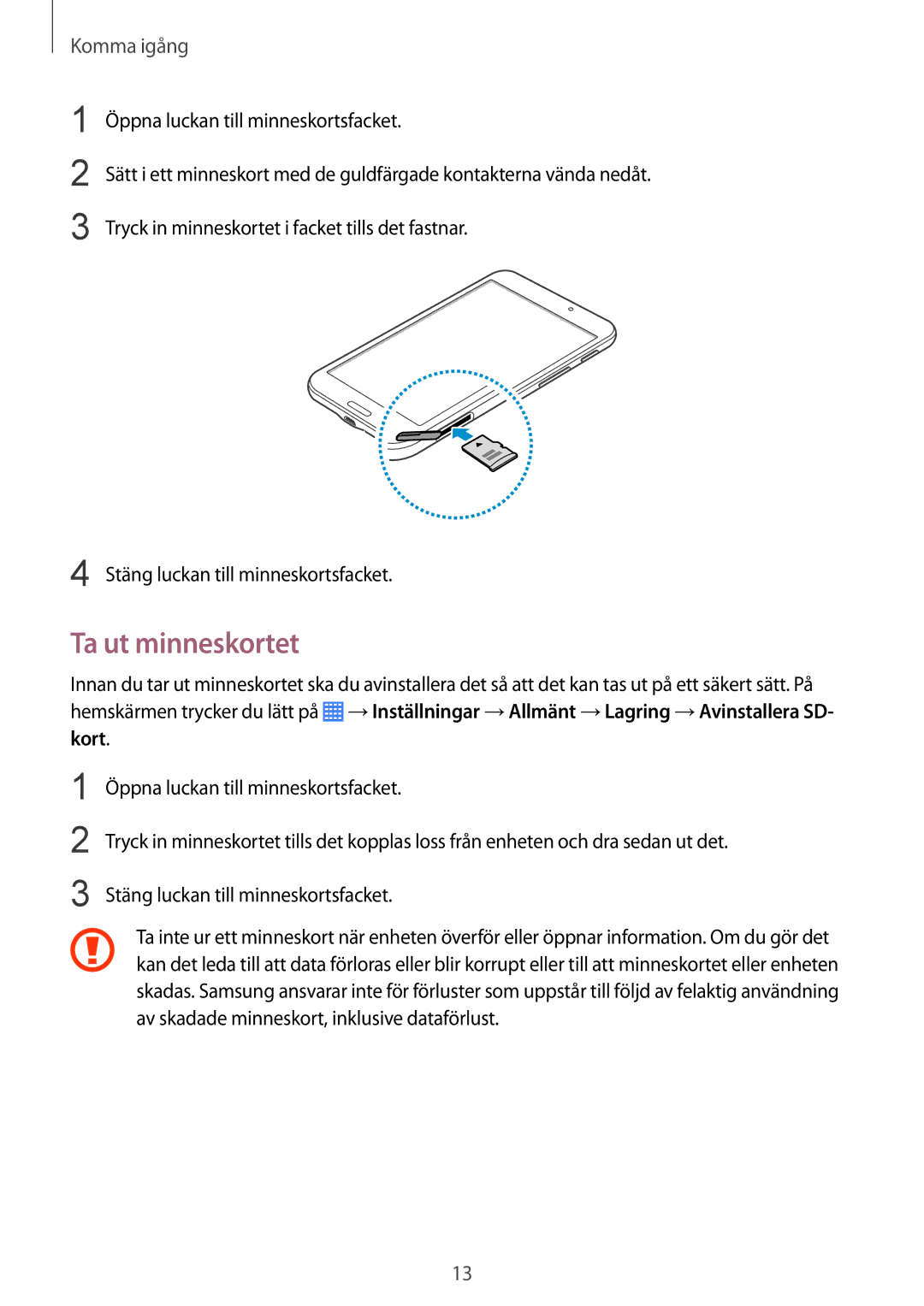 Samsung SM-T230NYKANEE, SM-T230NZWANEE manual Ta ut minneskortet 