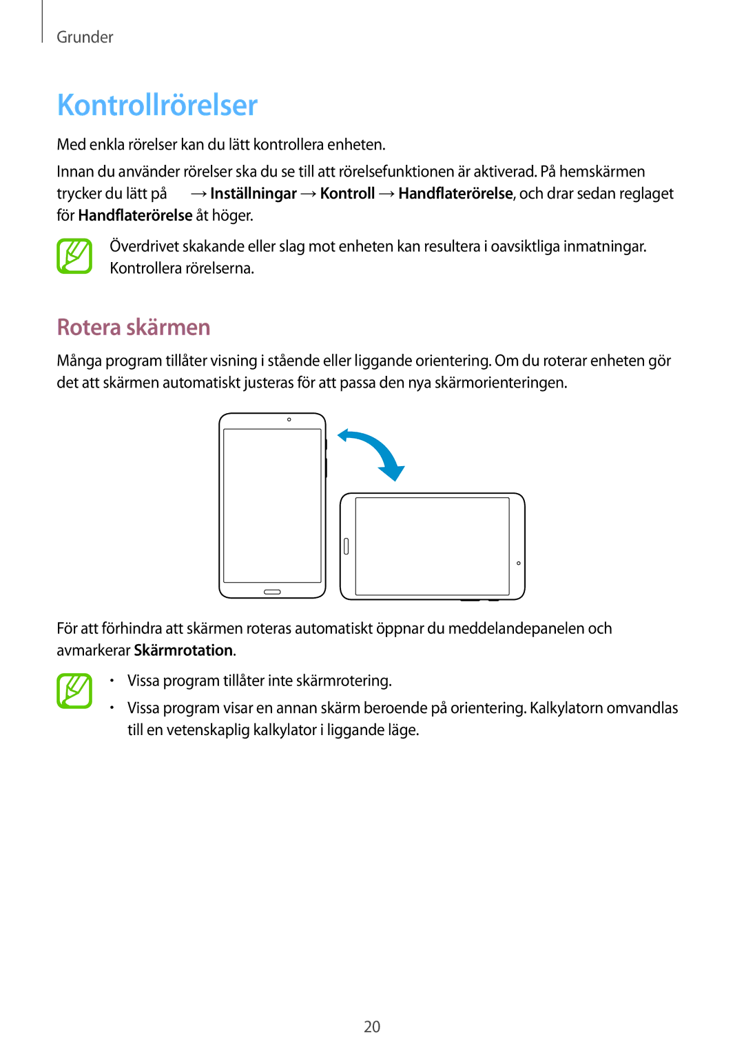 Samsung SM-T230NZWANEE, SM-T230NYKANEE manual Kontrollrörelser, Rotera skärmen 