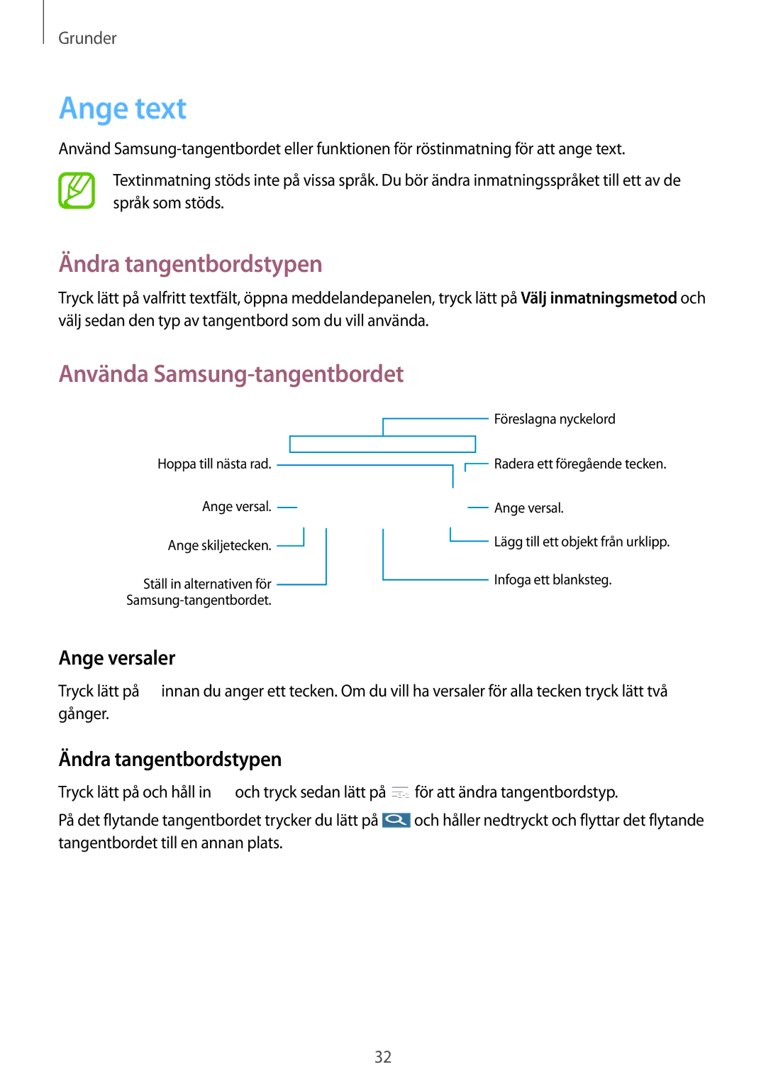 Samsung SM-T230NZWANEE, SM-T230NYKANEE manual Ange text, Ändra tangentbordstypen, Ange versaler 