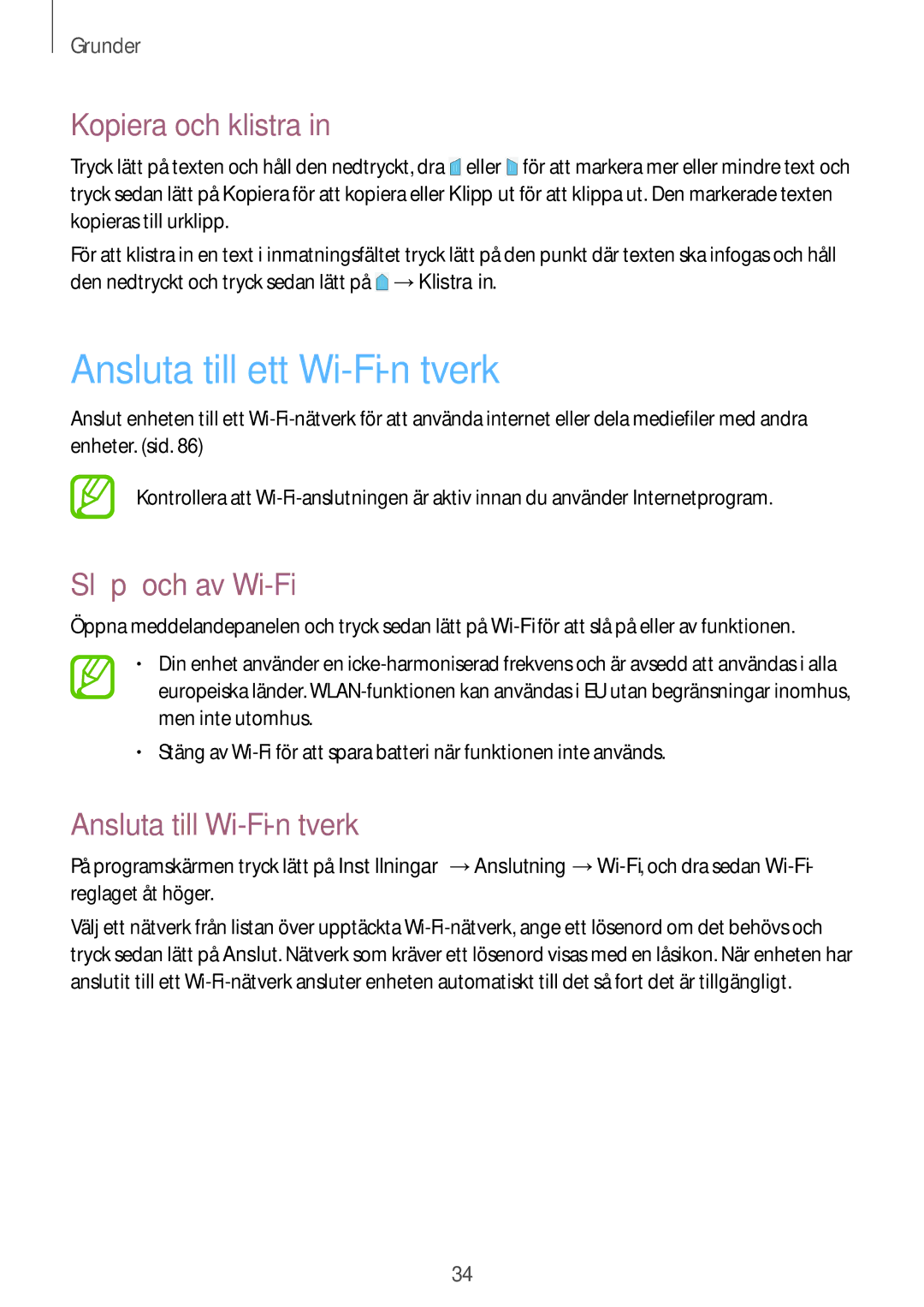 Samsung SM-T230NZWANEE, SM-T230NYKANEE manual Ansluta till ett Wi-Fi-nätverk, Kopiera och klistra, Slå på och av Wi-Fi 
