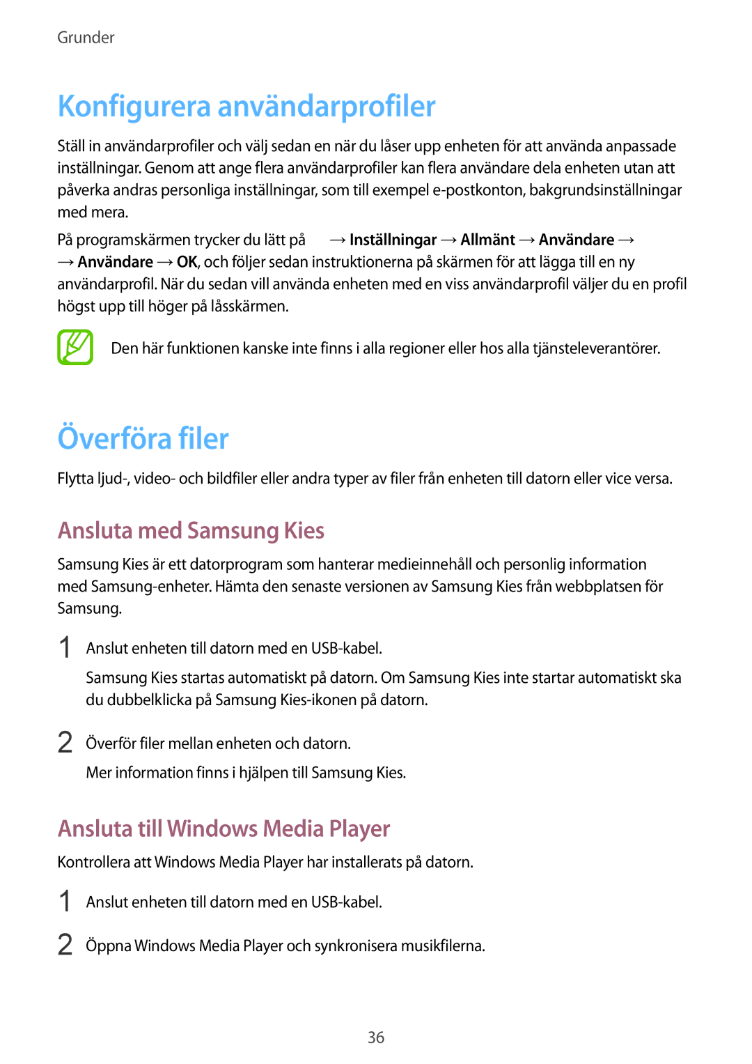 Samsung SM-T230NZWANEE, SM-T230NYKANEE manual Konfigurera användarprofiler, Överföra filer, Ansluta med Samsung Kies 