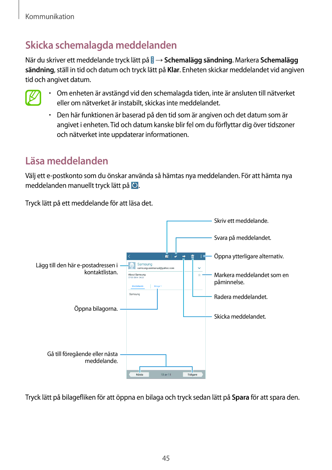 Samsung SM-T230NYKANEE, SM-T230NZWANEE manual Skicka schemalagda meddelanden, Läsa meddelanden 