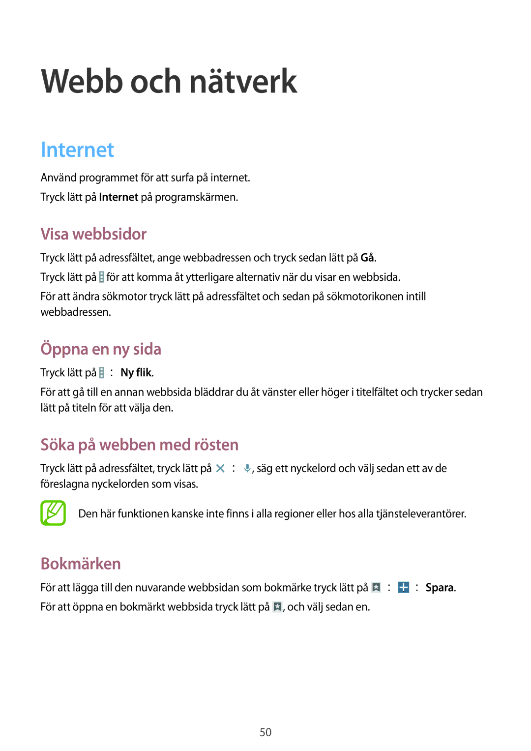 Samsung SM-T230NZWANEE, SM-T230NYKANEE manual Webb och nätverk, Internet 