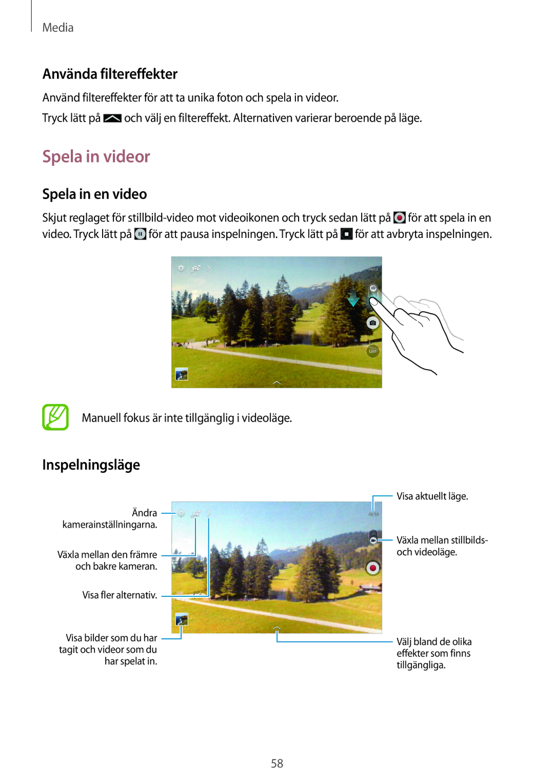 Samsung SM-T230NZWANEE, SM-T230NYKANEE manual Spela in videor, Använda filtereffekter, Spela in en video, Inspelningsläge 