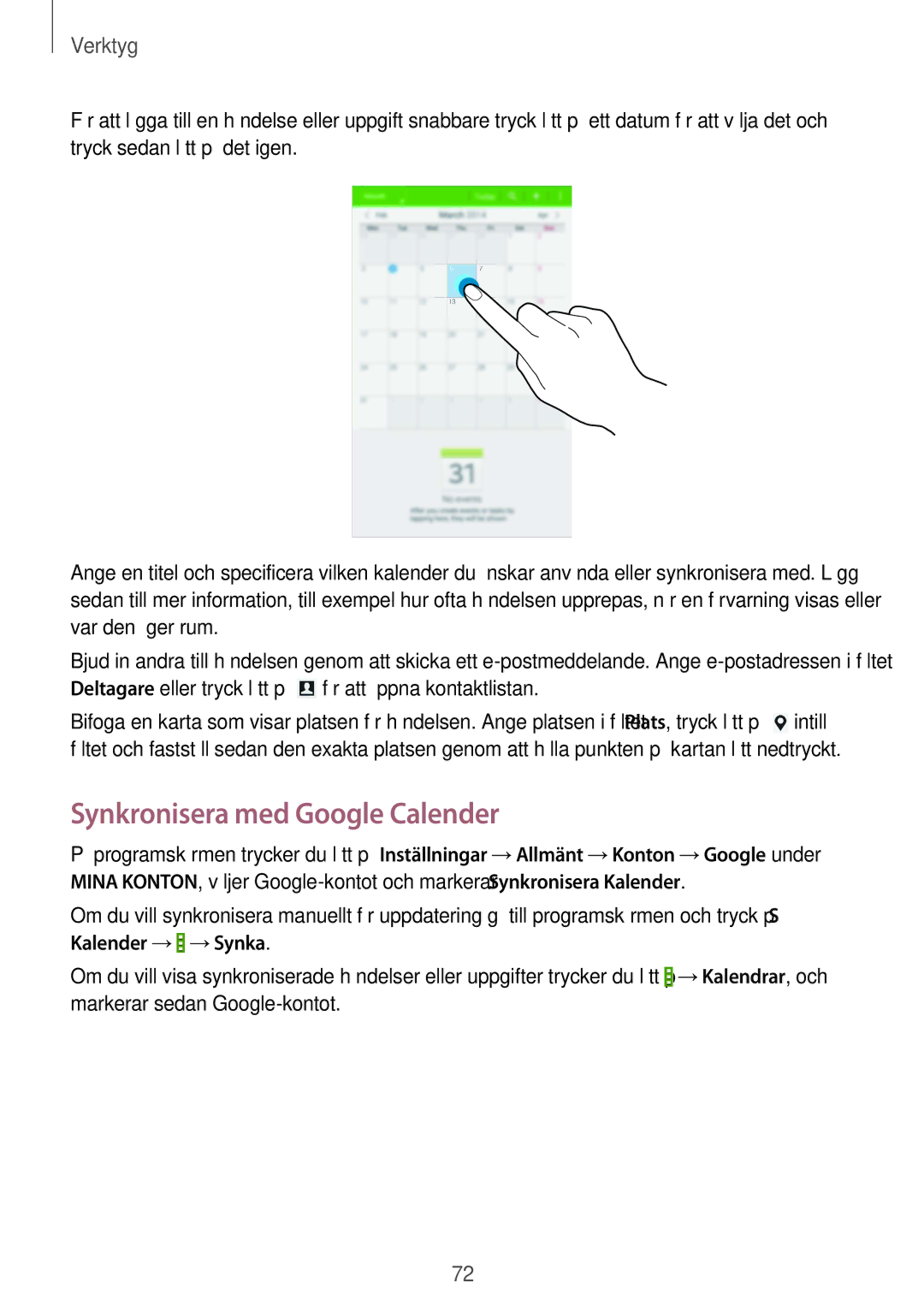 Samsung SM-T230NZWANEE, SM-T230NYKANEE manual Synkronisera med Google Calender 