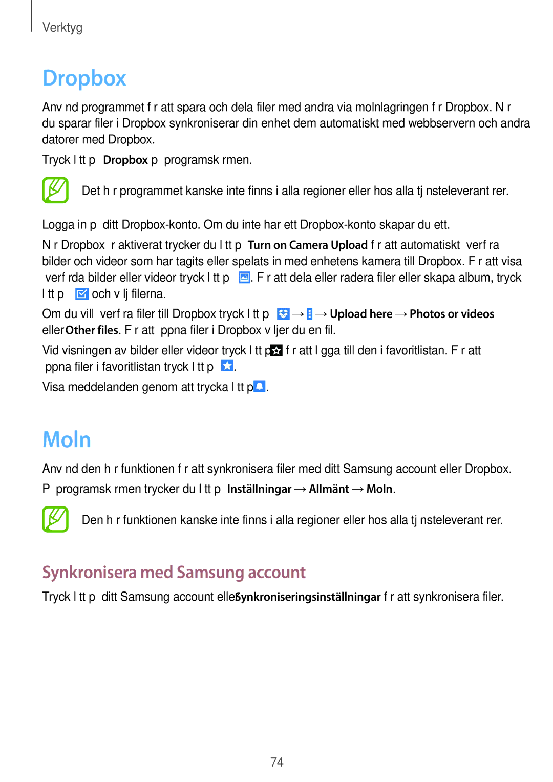 Samsung SM-T230NZWANEE, SM-T230NYKANEE manual Dropbox, Moln, Synkronisera med Samsung account 