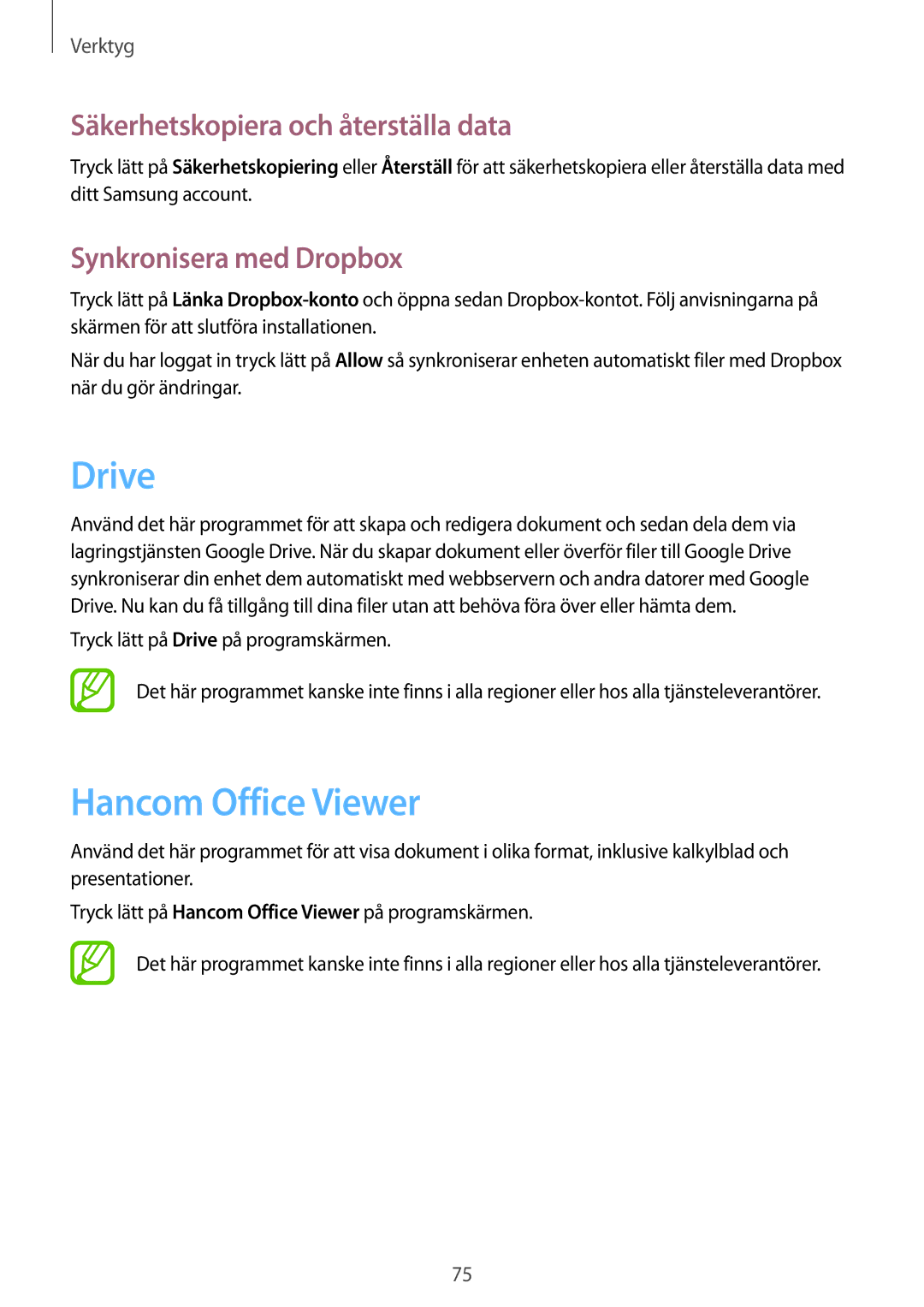 Samsung SM-T230NYKANEE manual Drive, Hancom Office Viewer, Säkerhetskopiera och återställa data, Synkronisera med Dropbox 