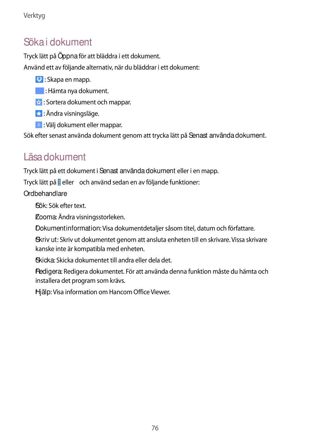 Samsung SM-T230NZWANEE, SM-T230NYKANEE manual Söka i dokument, Läsa dokument 