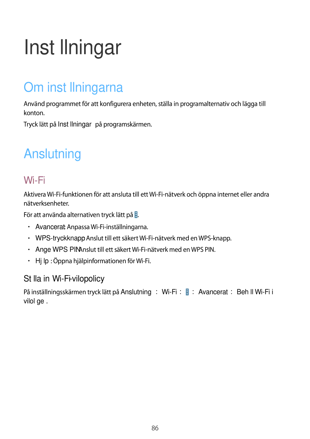 Samsung SM-T230NZWANEE, SM-T230NYKANEE manual Inställningar, Om inställningarna, Anslutning, Ställa in Wi-Fi-vilopolicy 