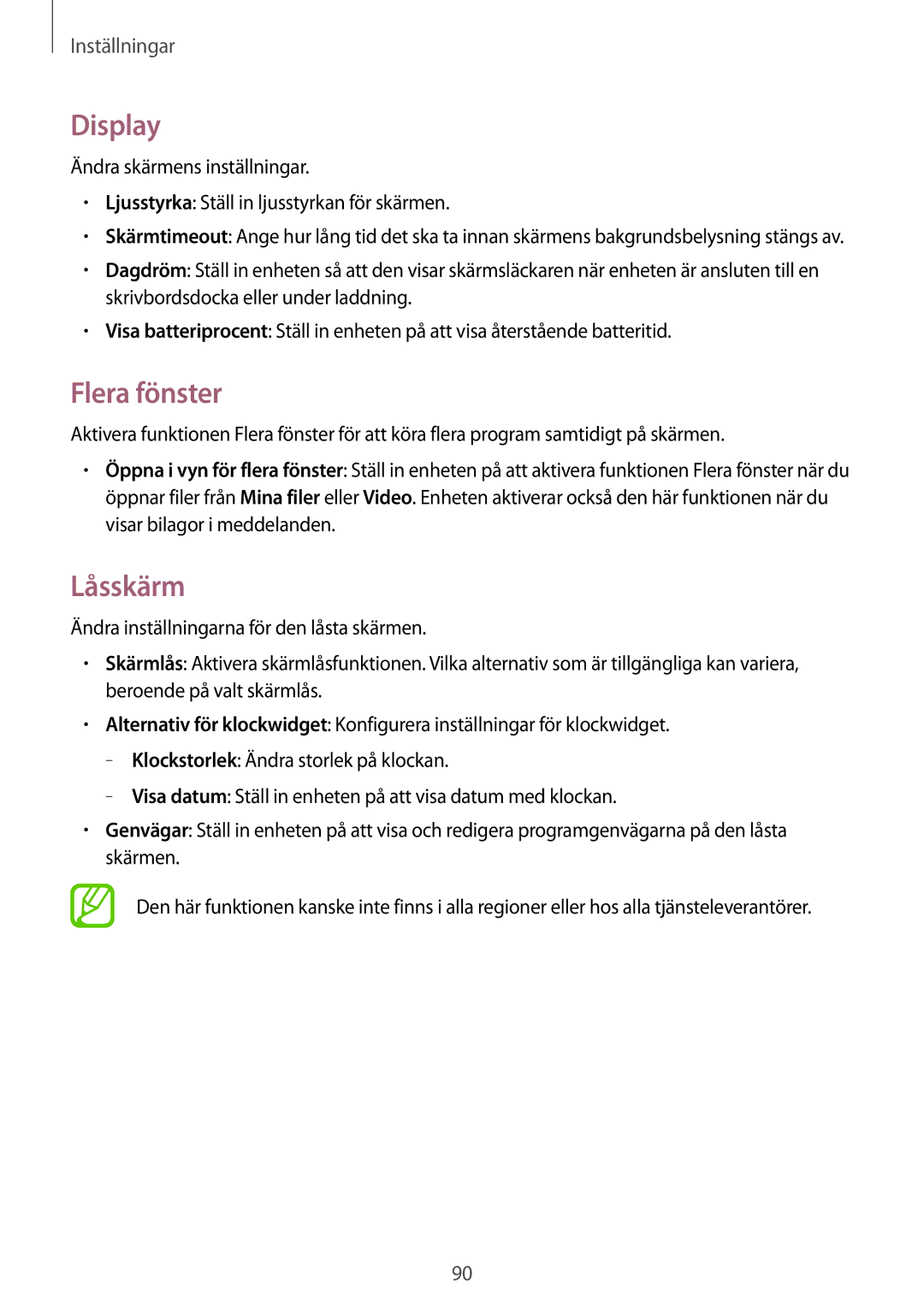 Samsung SM-T230NZWANEE, SM-T230NYKANEE manual Display, Flera fönster, Låsskärm 