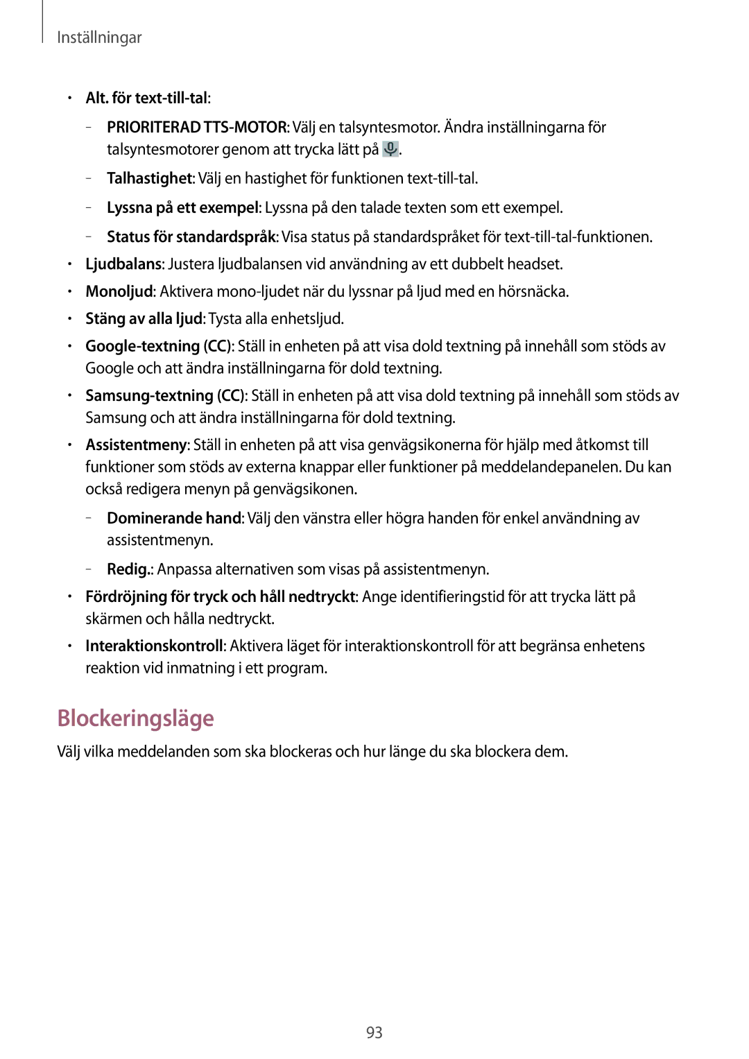 Samsung SM-T230NYKANEE, SM-T230NZWANEE manual Blockeringsläge, Alt. för text-till-tal 