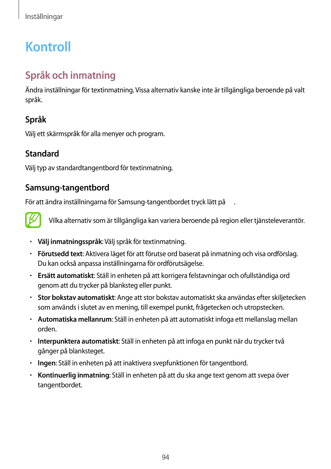 Samsung SM-T230NZWANEE, SM-T230NYKANEE manual Kontroll, Språk och inmatning, Standard, Samsung-tangentbord 