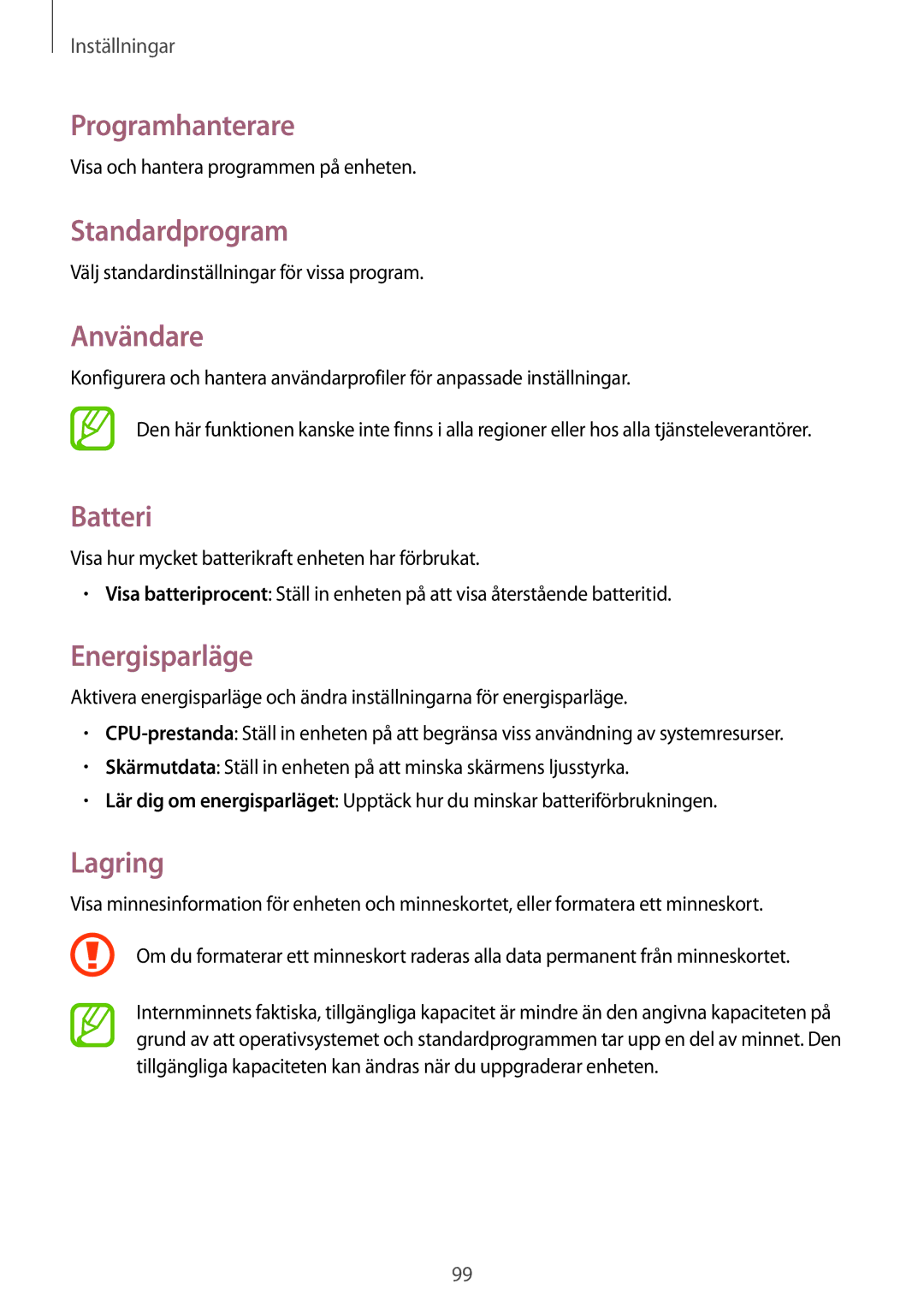 Samsung SM-T230NYKANEE, SM-T230NZWANEE manual Programhanterare, Standardprogram, Användare, Batteri, Energisparläge, Lagring 