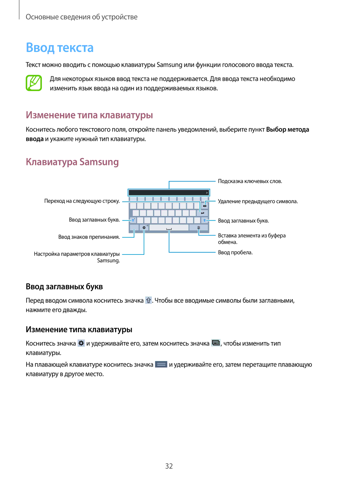 Samsung SM-T230NZWASER, SM-T230NZWASEB Ввод текста, Изменение типа клавиатуры, Клавиатура Samsung, Ввод заглавных букв 