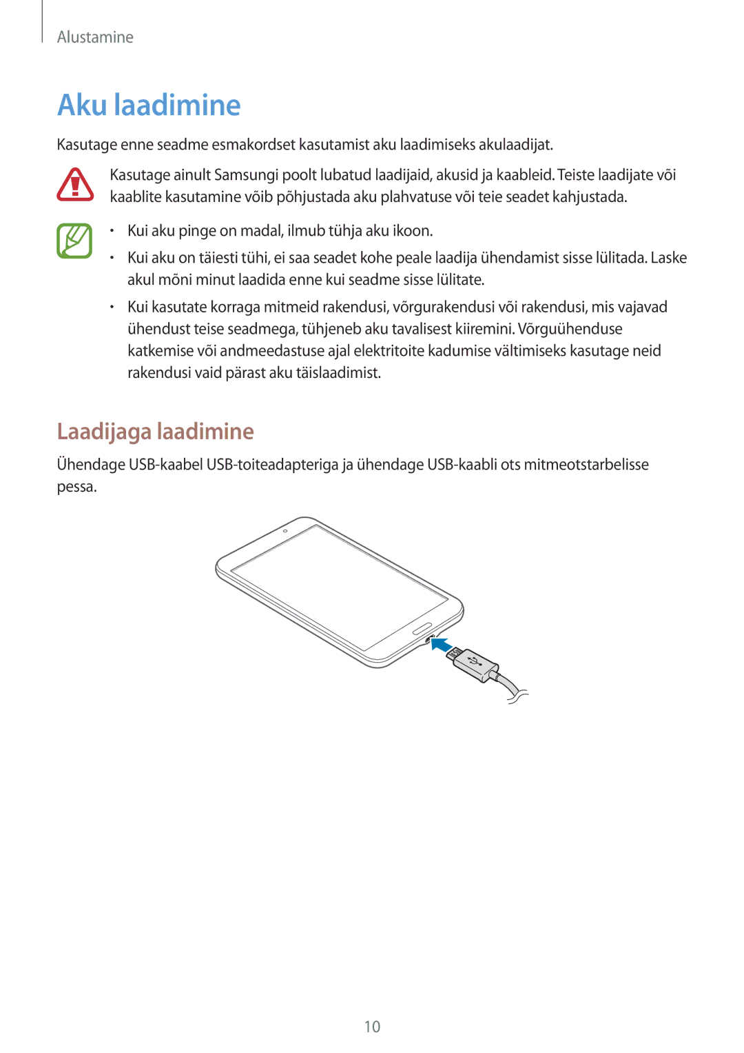 Samsung SM-T230NZWASEB, SM-T230NYKASEB manual Aku laadimine, Laadijaga laadimine 