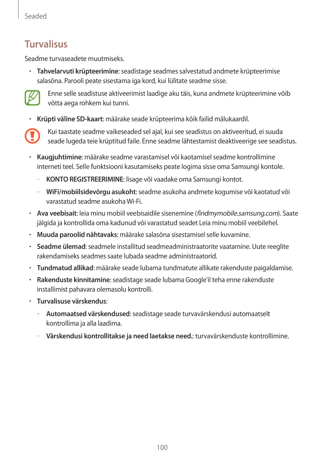 Samsung SM-T230NZWASEB, SM-T230NYKASEB manual Turvalisus, Seadme turvaseadete muutmiseks 