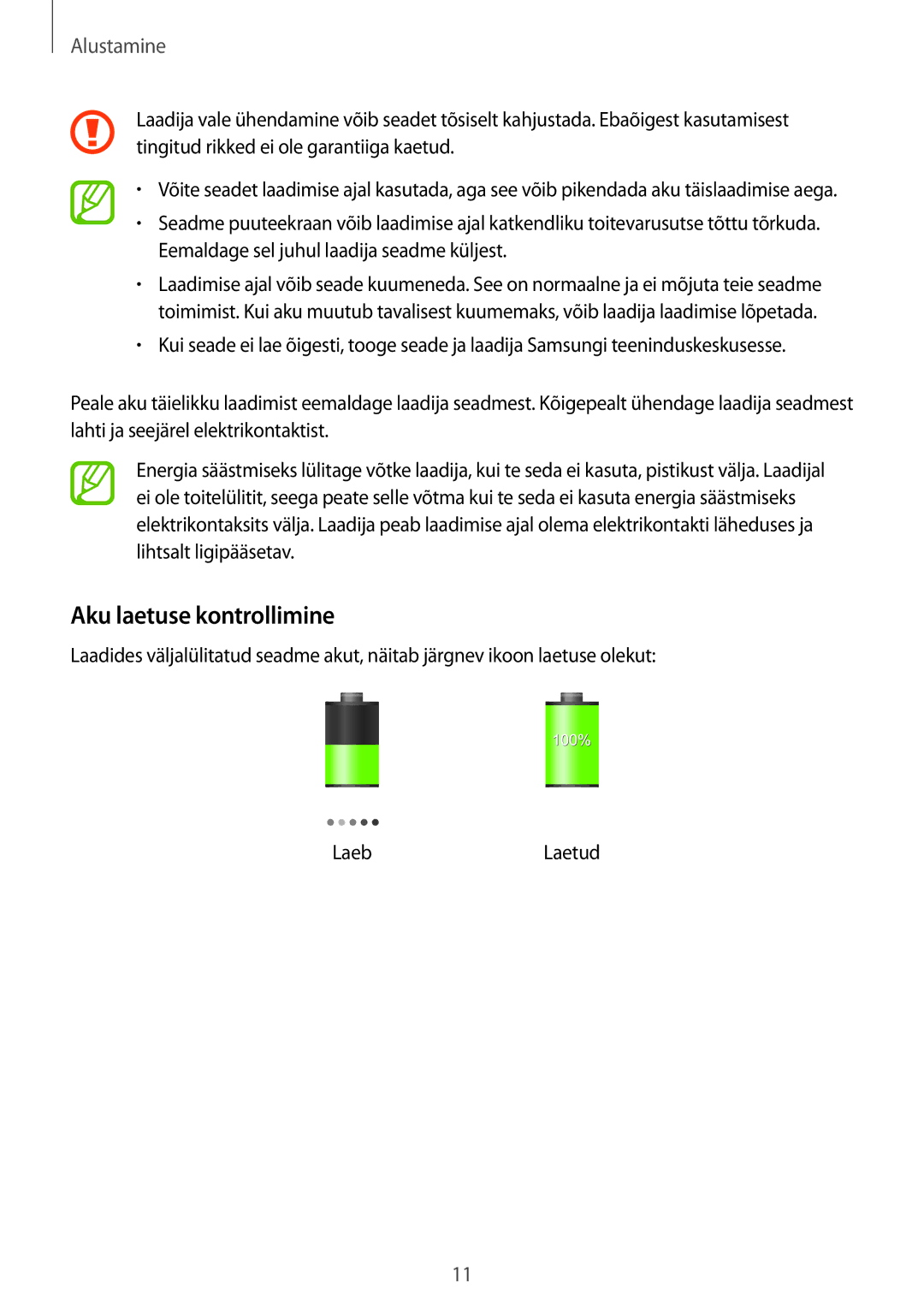 Samsung SM-T230NYKASEB, SM-T230NZWASEB manual Aku laetuse kontrollimine 