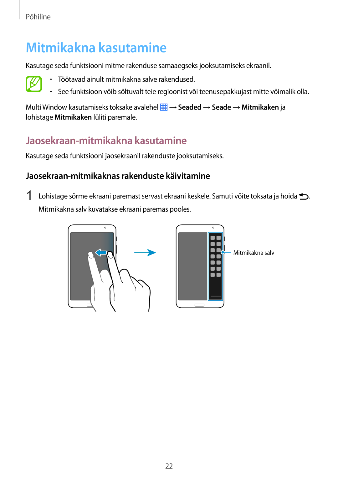 Samsung SM-T230NZWASEB, SM-T230NYKASEB manual Mitmikakna kasutamine, Jaosekraan-mitmikakna kasutamine 