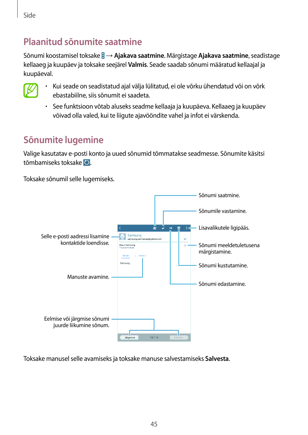 Samsung SM-T230NYKASEB, SM-T230NZWASEB manual Plaanitud sõnumite saatmine, Sõnumite lugemine 