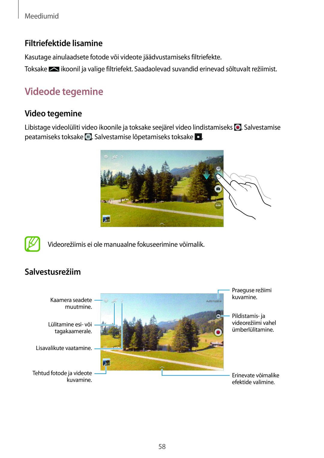 Samsung SM-T230NZWASEB, SM-T230NYKASEB manual Videode tegemine, Filtriefektide lisamine, Video tegemine, Salvestusrežiim 