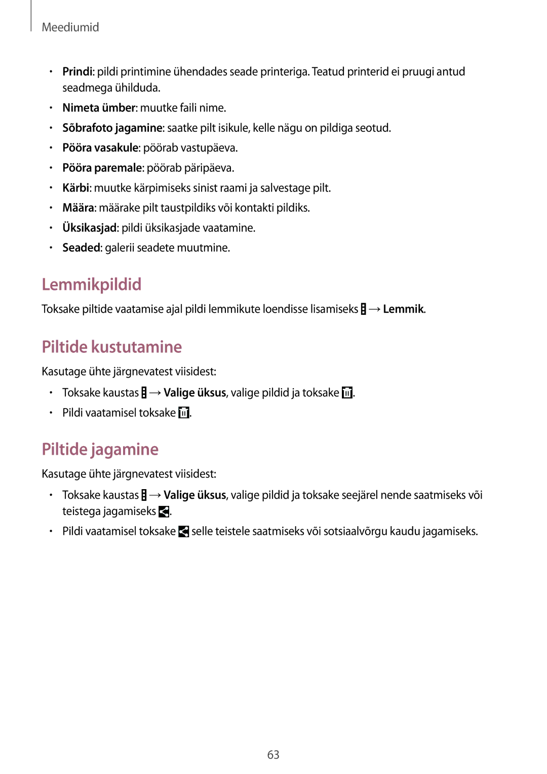 Samsung SM-T230NYKASEB, SM-T230NZWASEB manual Lemmikpildid, Piltide kustutamine, Piltide jagamine 