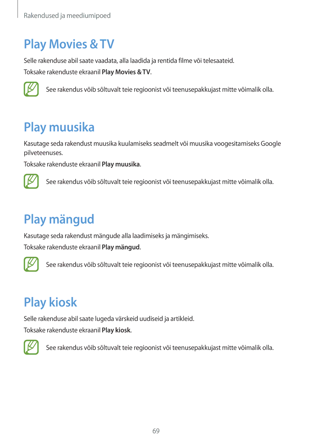 Samsung SM-T230NYKASEB, SM-T230NZWASEB manual Play Movies & TV, Play muusika, Play mängud, Play kiosk 