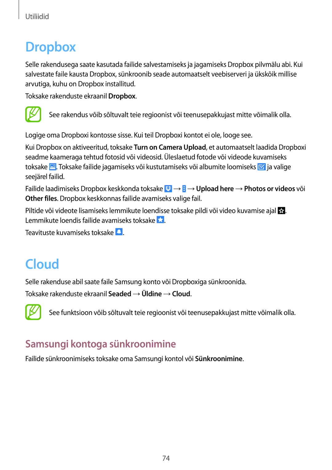 Samsung SM-T230NZWASEB, SM-T230NYKASEB manual Dropbox, Cloud, Samsungi kontoga sünkroonimine 