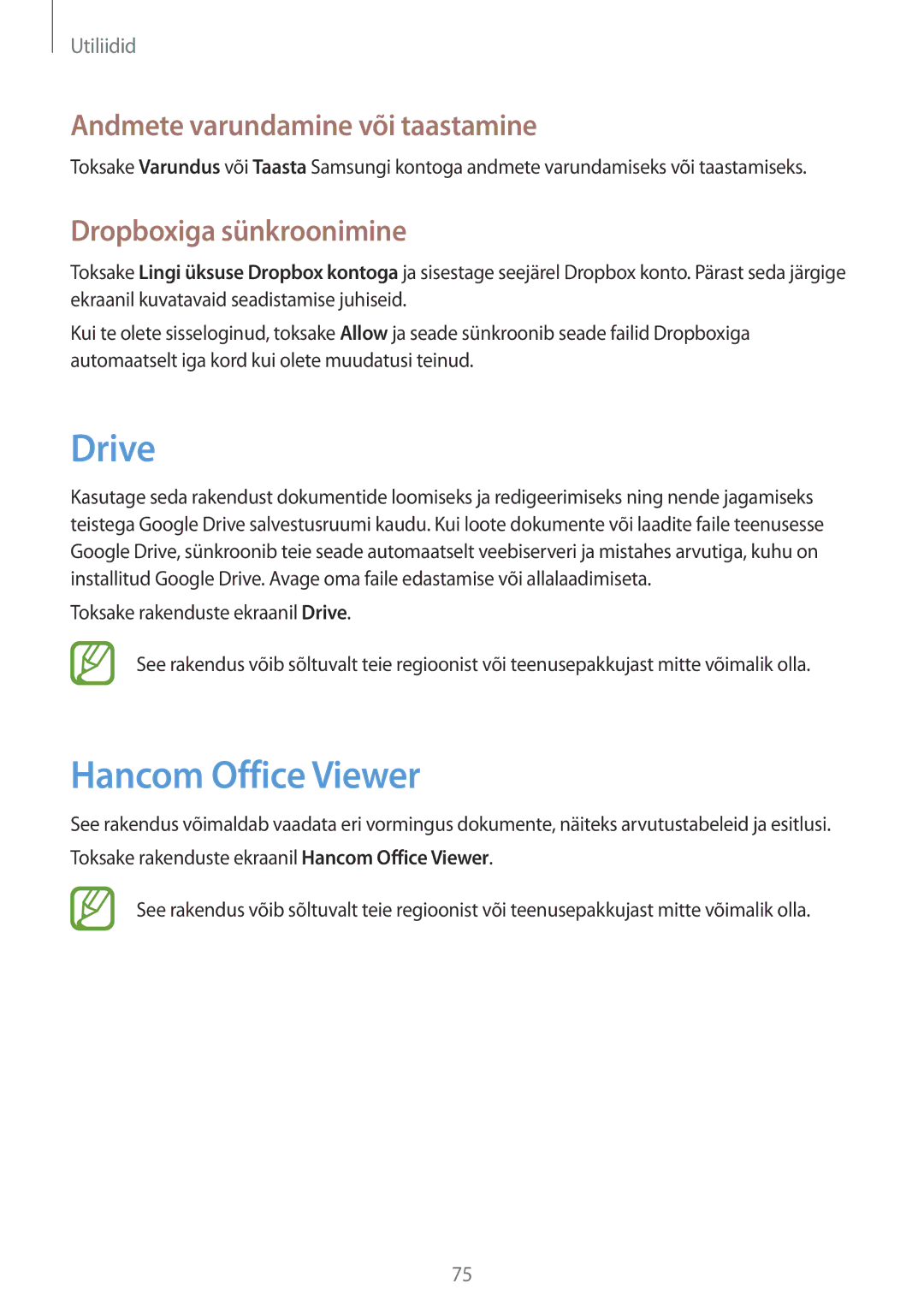 Samsung SM-T230NYKASEB manual Drive, Hancom Office Viewer, Andmete varundamine või taastamine, Dropboxiga sünkroonimine 