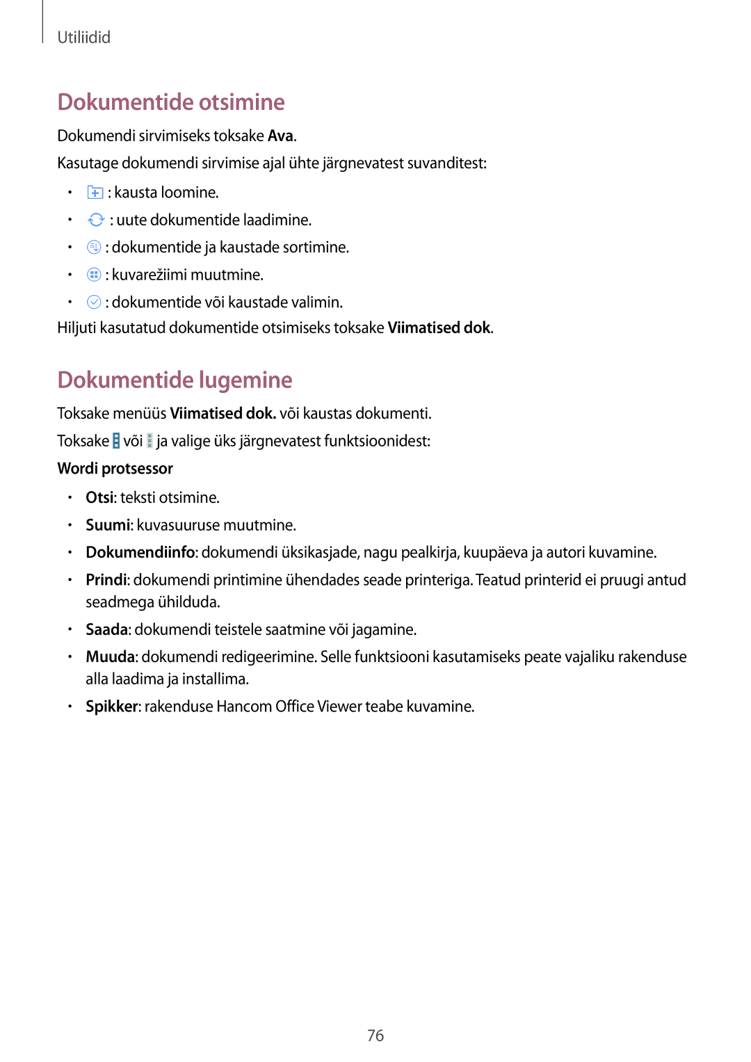 Samsung SM-T230NZWASEB, SM-T230NYKASEB manual Dokumentide otsimine, Dokumentide lugemine 