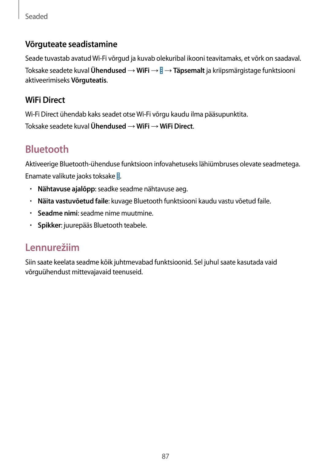 Samsung SM-T230NYKASEB, SM-T230NZWASEB manual Bluetooth, Lennurežiim, Võrguteate seadistamine, WiFi Direct 