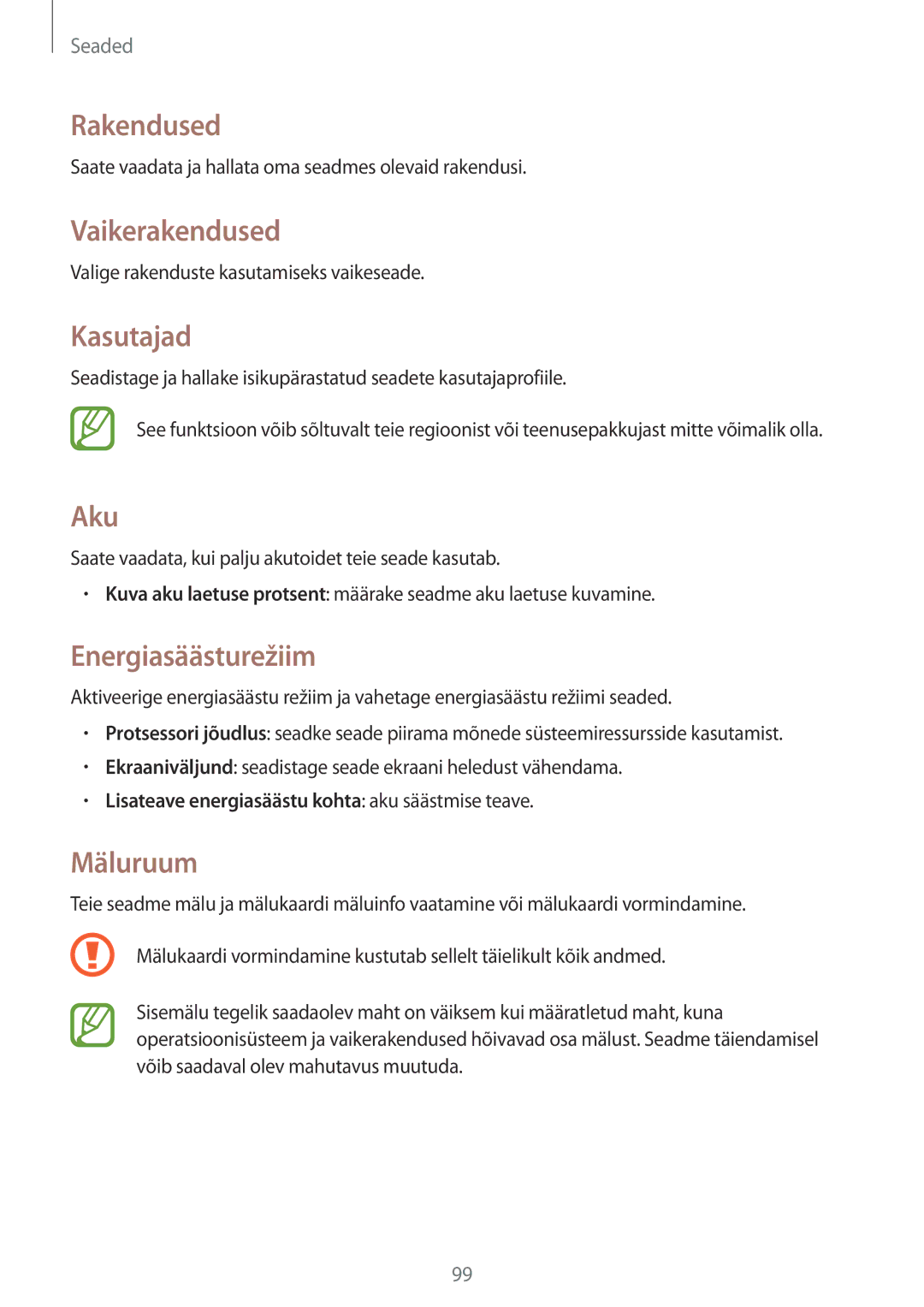 Samsung SM-T230NYKASEB, SM-T230NZWASEB manual Rakendused, Vaikerakendused, Kasutajad, Aku, Energiasäästurežiim, Mäluruum 