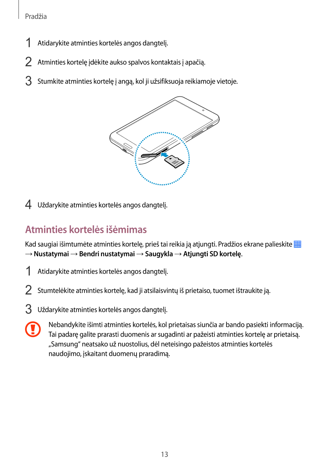 Samsung SM-T230NYKASEB, SM-T230NZWASEB manual Atminties kortelės išėmimas 