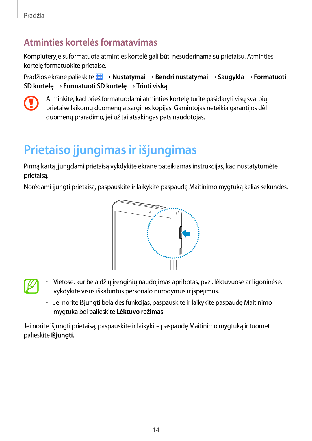 Samsung SM-T230NZWASEB, SM-T230NYKASEB manual Prietaiso įjungimas ir išjungimas, Atminties kortelės formatavimas 