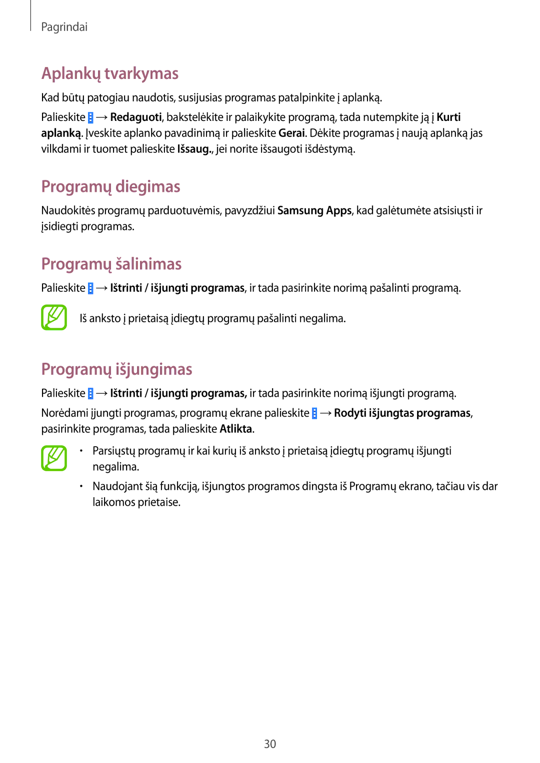 Samsung SM-T230NZWASEB, SM-T230NYKASEB manual Aplankų tvarkymas, Programų diegimas, Programų šalinimas, Programų išjungimas 