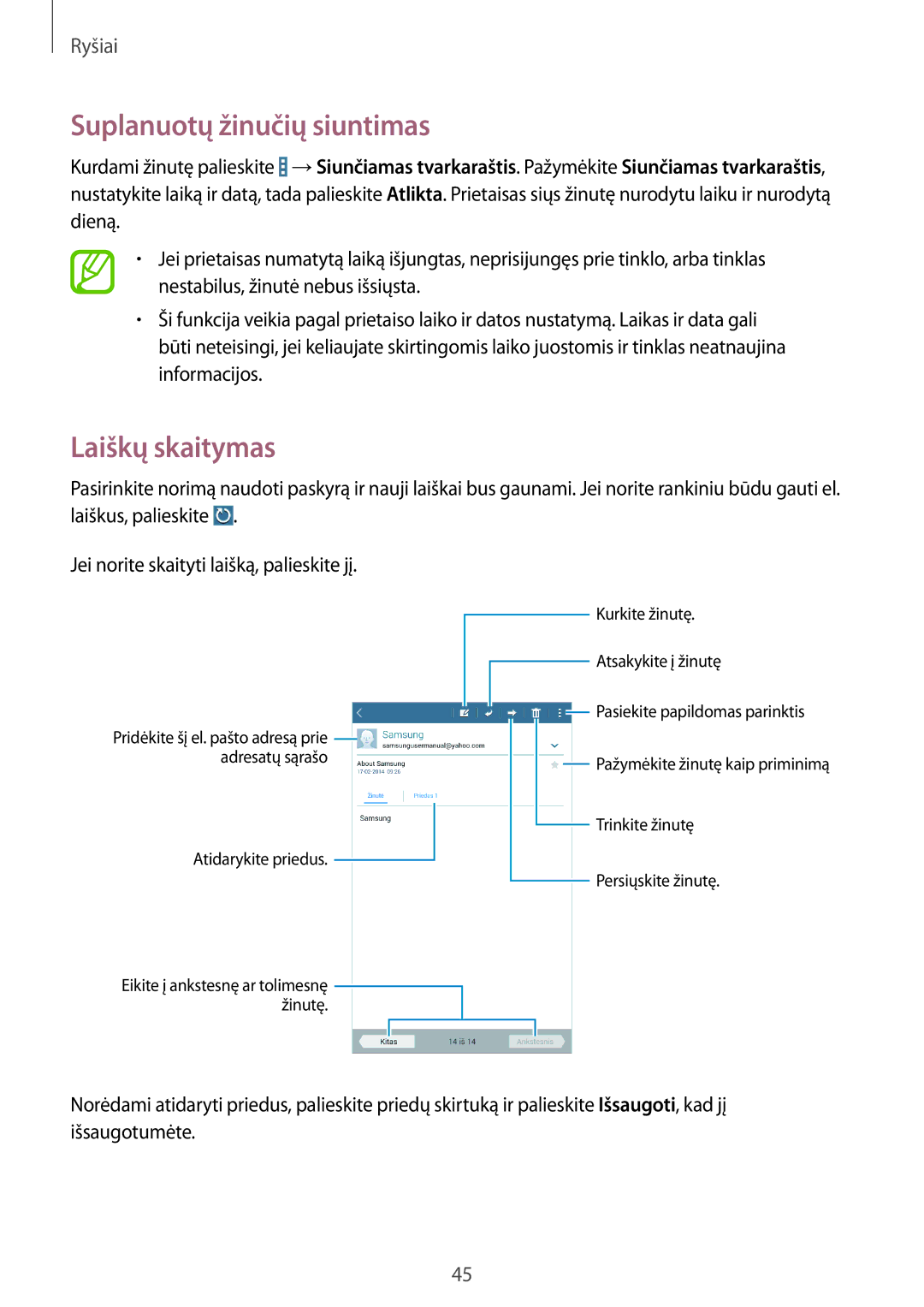 Samsung SM-T230NYKASEB, SM-T230NZWASEB manual Suplanuotų žinučių siuntimas, Laiškų skaitymas 