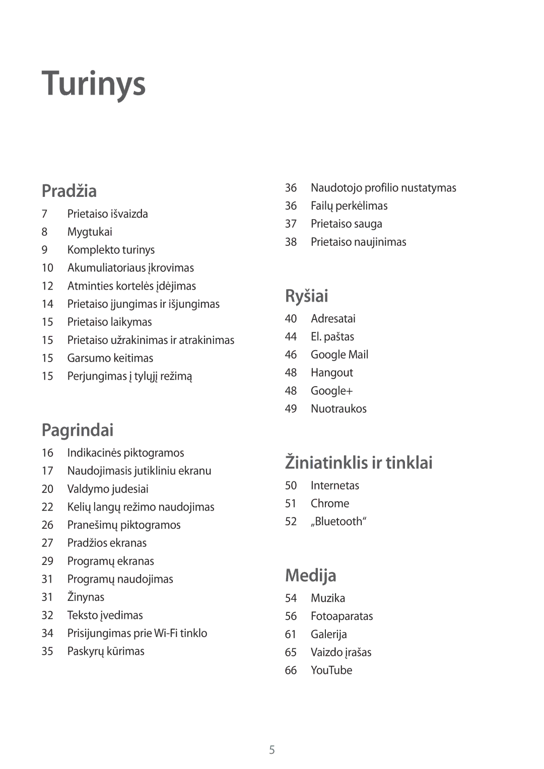 Samsung SM-T230NYKASEB, SM-T230NZWASEB manual Turinys, Pradžia 