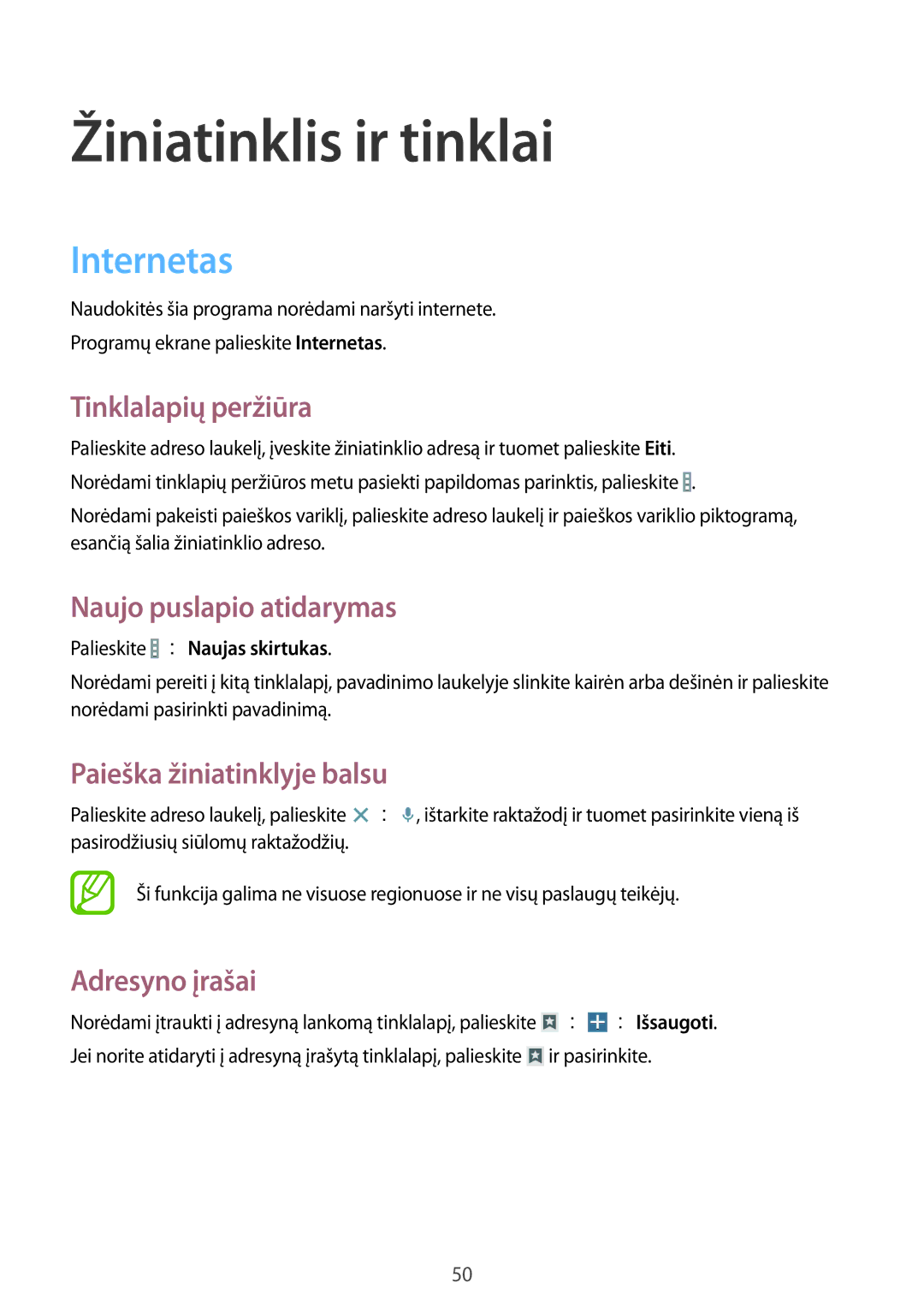 Samsung SM-T230NZWASEB, SM-T230NYKASEB manual Žiniatinklis ir tinklai, Internetas 